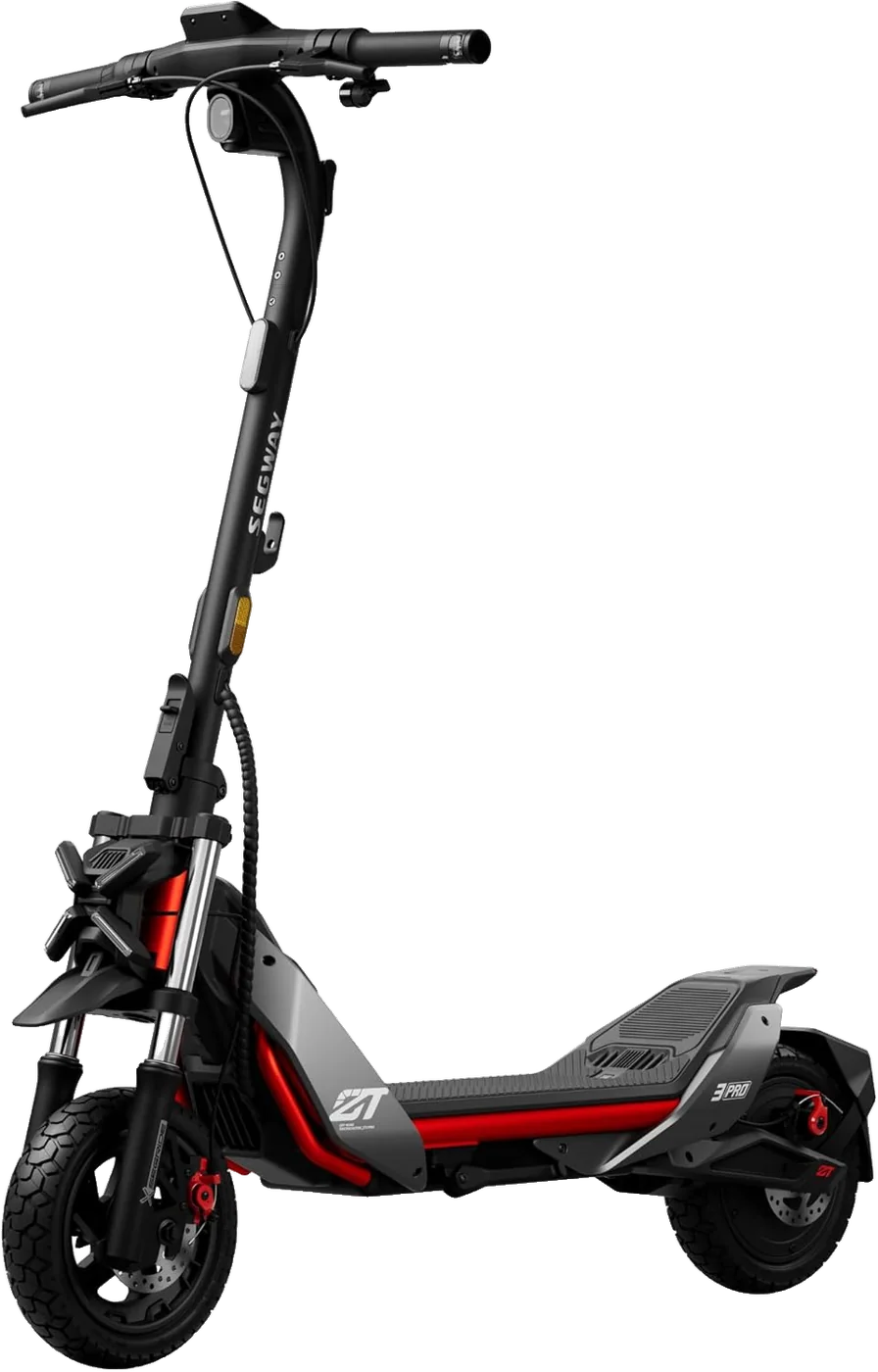 E-Scooter mit Federung in der Seitenansicht. Markierte Punkte zeigen typische Reparaturstellen.
